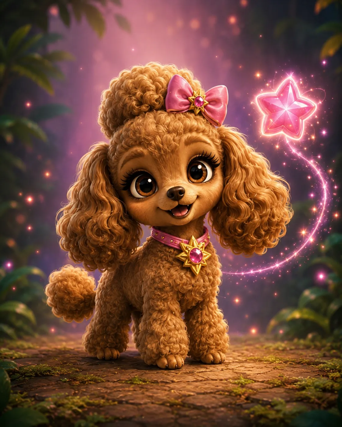 Luma, a golden poodle with a pink bow and a star collar, conjuring pink star magic
